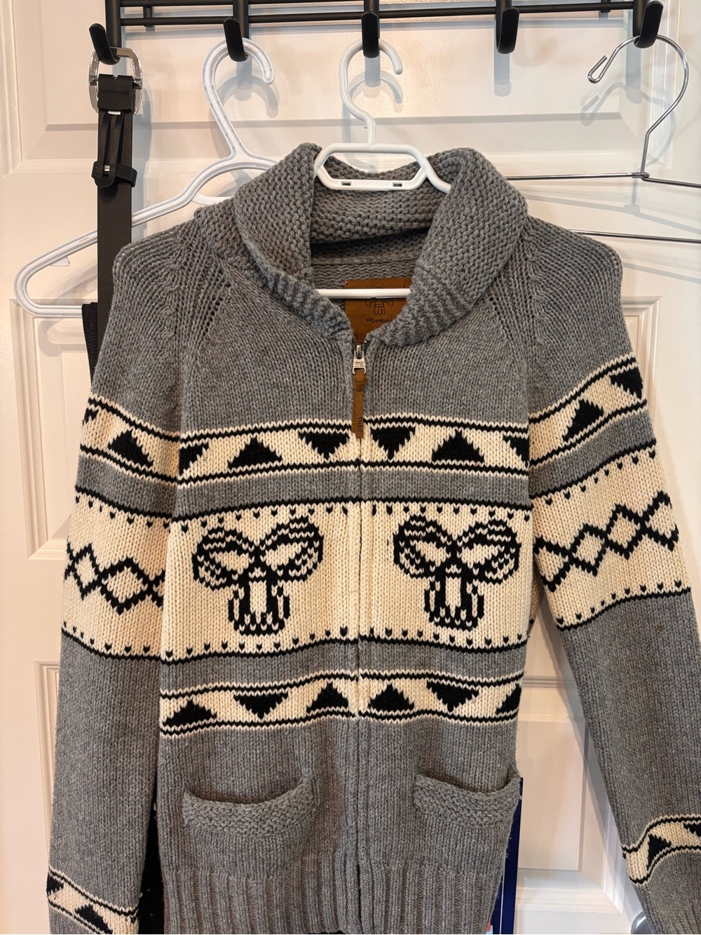 TNA Gray Cream Fair Isle Zip Sweater with Cow Motif